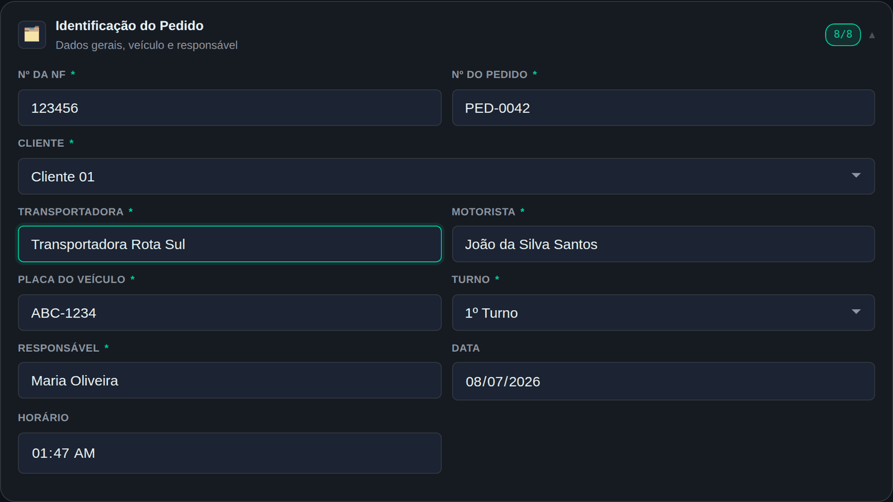 Tela real do Checklist Pro aberta, preenchida com dados fictícios de exemplo